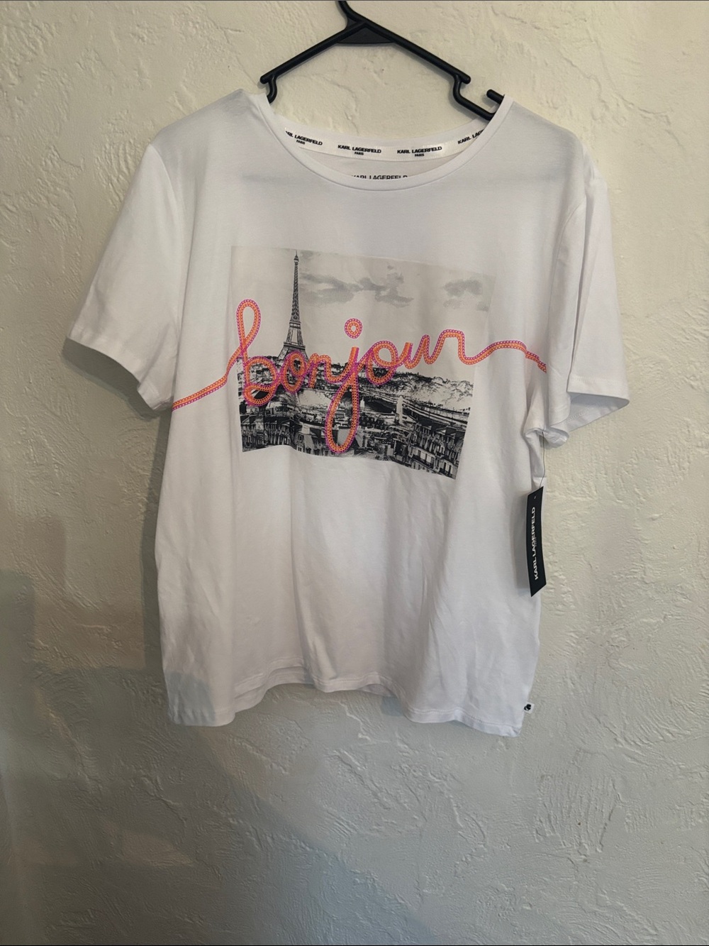 Karl Lagerfeld White Tee with Pink 'bonjour' Graphic